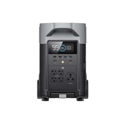The Ecoflow portable power station features a digital display, multiple USB ports, four AC outlets, a round AC port, and a gray handle—ideal for solar panel use. Product shown with features highlighted on a transparent background.