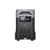 Front view of the Ecoflow portable power station with 3400W output and advanced BMS protection, featuring a digital display, multiple USB ports, four AC outlets, a large round power outlet, sturdy side handles, and a black and silver finish.