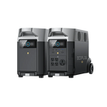 Two EcoFlow DELTA Pro portable power stations are displayed side by side, both featuring digital displays, multiple outlets, and a modern black and gray design. One unit includes wheels and a handle for convenient home backup power.