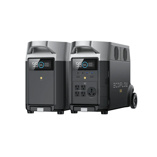 Two EcoFlow DELTA Pro portable power stations are displayed side by side, both featuring digital displays, multiple outlets, and a modern black and gray design. One unit includes wheels and a handle for convenient home backup power.