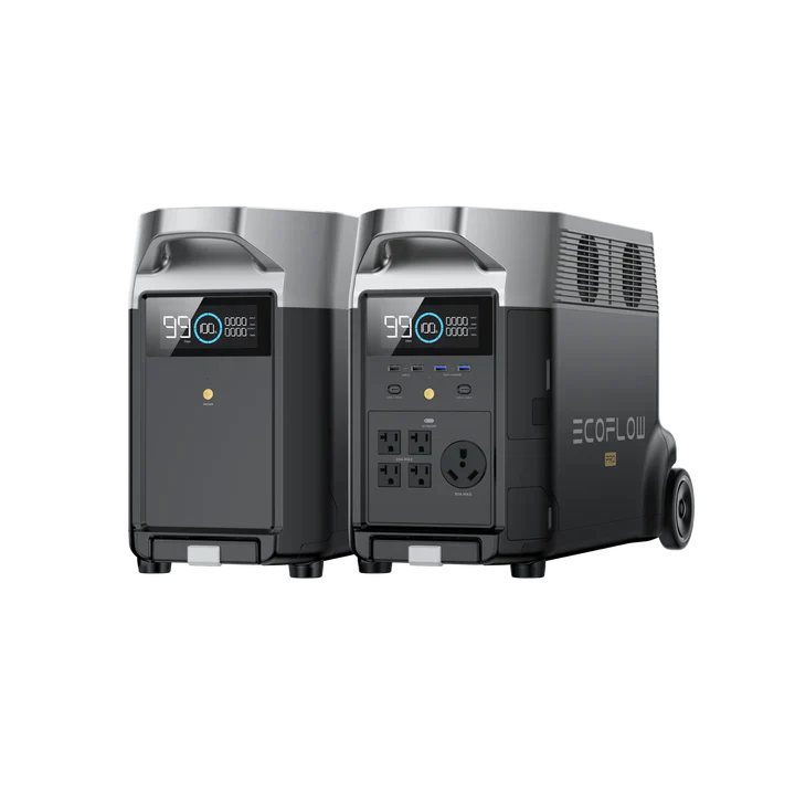 Two EcoFlow DELTA Pro portable power stations are displayed side by side, both featuring digital displays, multiple outlets, and a modern black and gray design. One unit includes wheels and a handle for convenient home backup power.