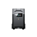 An EcoFlow black portable power station with digital display showing battery level and numbers, compatible with the EcoFlow Smart Generator, pictured on a plain white background.
