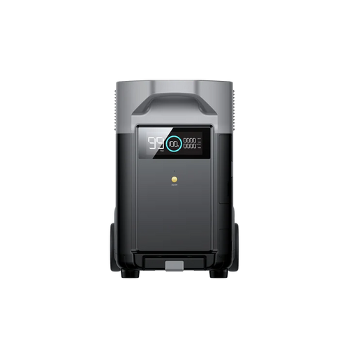 An EcoFlow black portable power station with digital display showing battery level and numbers, compatible with the EcoFlow Smart Generator, pictured on a plain white background.
