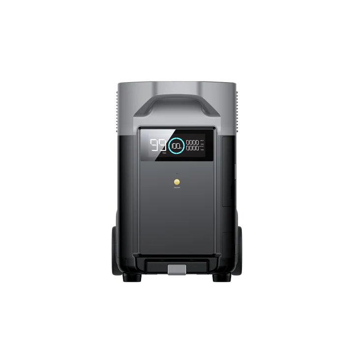 An EcoFlow black portable power station with digital display showing battery level and numbers, compatible with the EcoFlow Smart Generator, pictured on a plain white background.