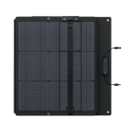 The Ecoflow portable solar panel is a compact, rectangular unit with a black frame, visible grid lines, central strap, side control box, and connecting cables on the right.