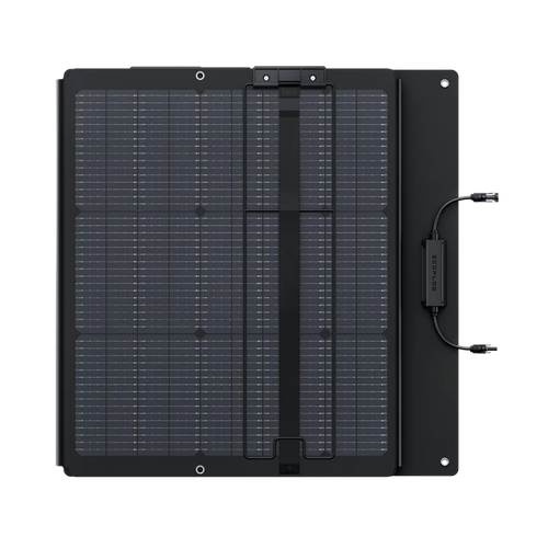 The Ecoflow portable solar panel is a compact, rectangular unit with a black frame, visible grid lines, central strap, side control box, and connecting cables on the right.