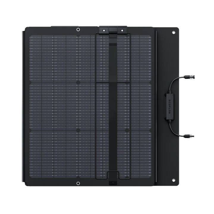 The Ecoflow portable solar panel is a compact, rectangular unit with a black frame, visible grid lines, central strap, side control box, and connecting cables on the right.