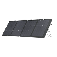 An Ecoflow portable, foldable waterproof solar panel with four connected black sections is propped up at an angle using built-in stands.