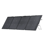 The Ecoflow four-panel portable solar array features built-in stands, a sleek black design with a grid pattern on each panel, and is compatible with LFP batteries for reliable outdoor power.