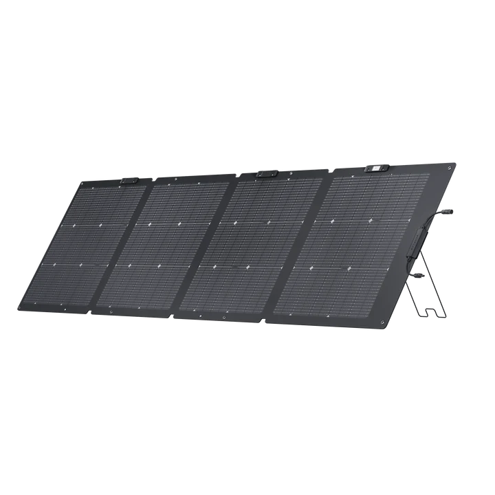 The Ecoflow four-panel portable solar array features built-in stands, a sleek black design with a grid pattern on each panel, and is compatible with LFP batteries for reliable outdoor power.