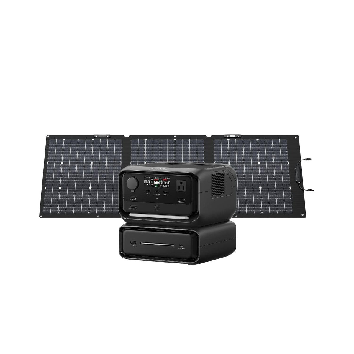 The Ecoflow portable solar power system includes a foldable solar panel, a pro-grade UPS power station with multiple ports, and an extra battery for expandable capacity—all in black, shown against a white background.