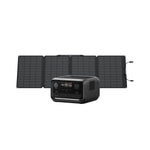 An Ecoflow portable solar power station with X-GaNPower technology sits before a black, four-panel foldable solar charger against a white background. The station includes multiple input/output ports and a digital display.