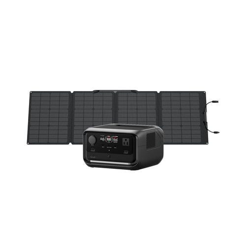 An Ecoflow portable solar power station with X-GaNPower technology sits before a black, four-panel foldable solar charger against a white background. The station includes multiple input/output ports and a digital display.