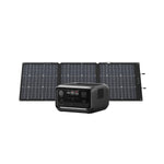 An Ecoflow portable solar generator setup with a black solar panel unfolded behind a compact black power station featuring multiple ports, advanced X-GaNPower technology, and built-in UPS for reliable backup.