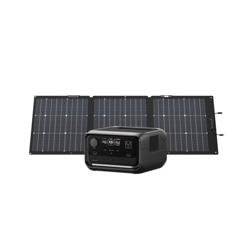 An Ecoflow portable solar generator setup with a black solar panel unfolded behind a compact black power station featuring multiple ports, advanced X-GaNPower technology, and built-in UPS for reliable backup.