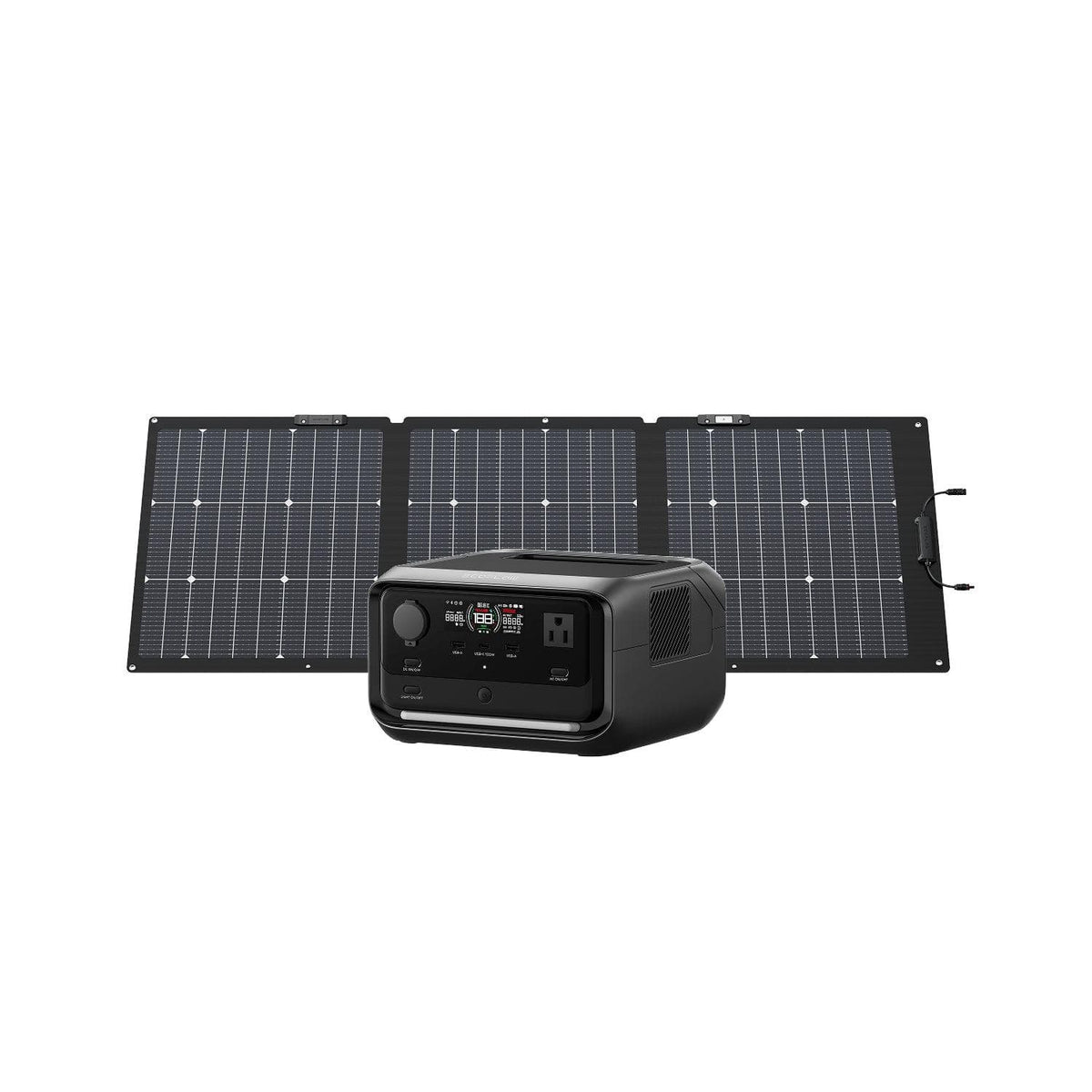 An Ecoflow portable solar generator setup with a black solar panel unfolded behind a compact black power station featuring multiple ports, advanced X-GaNPower technology, and built-in UPS for reliable backup.
