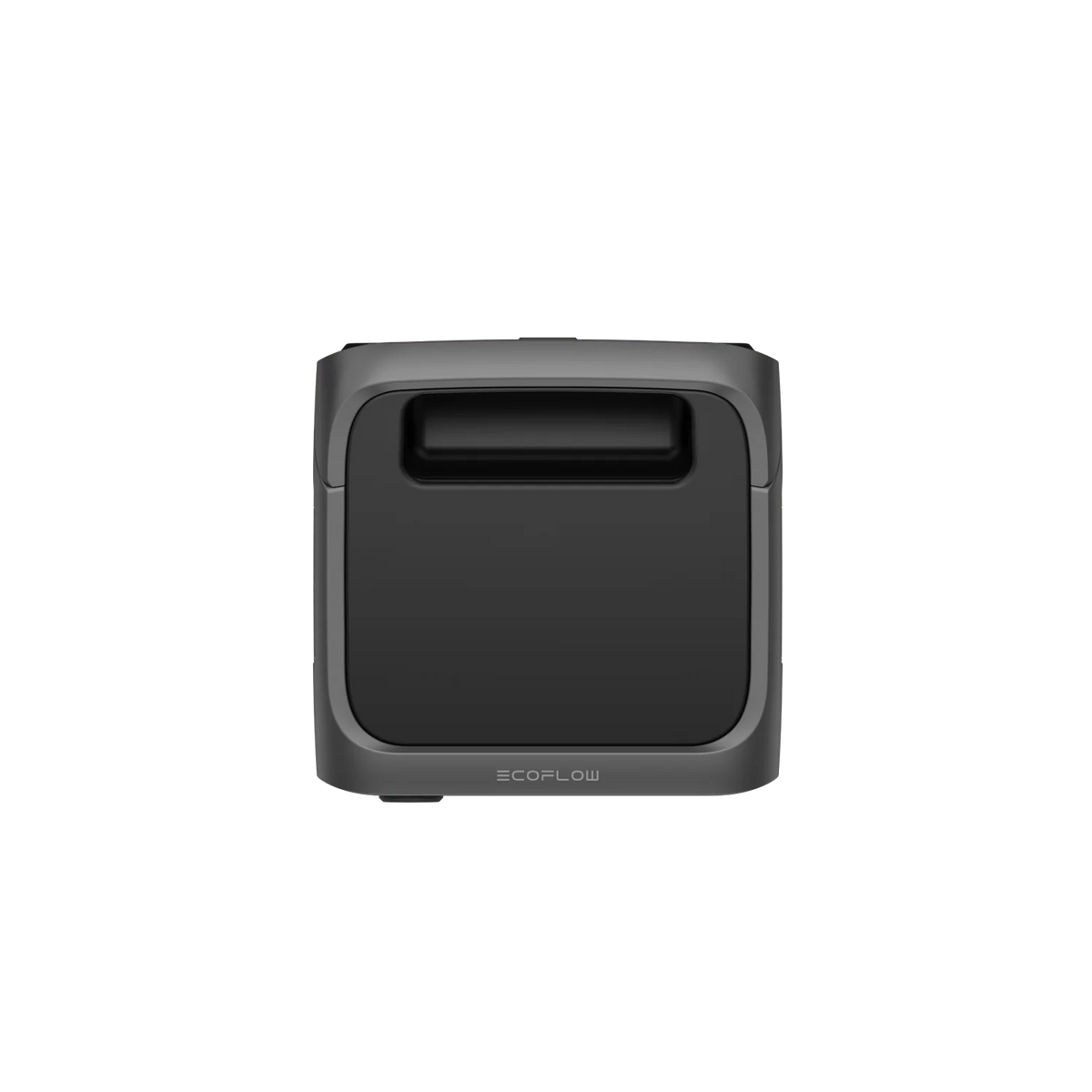 A compact, square black and gray EcoFlow device with a handle slot on top and X-Boost technology, featuring the EcoFlow branding on the front, is displayed against a plain green background.