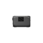 Side view of a compact, black Ecoflow electronic device featuring X-GaNPower technology and a vented section, possibly a projector or speaker, set against a plain white background.