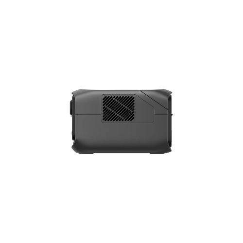 Side view of a compact, black Ecoflow electronic device featuring X-GaNPower technology and a vented section, possibly a projector or speaker, set against a plain white background.