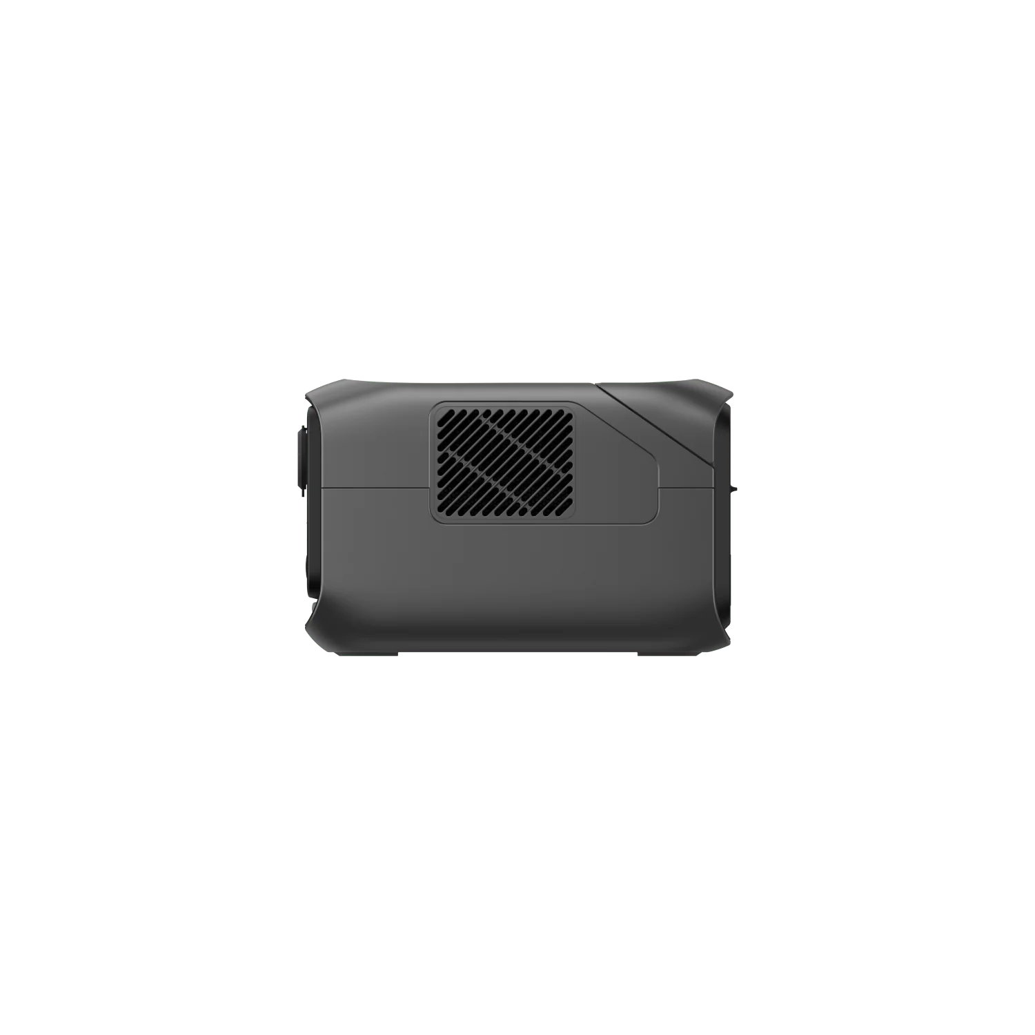 Side view of the Ecoflow compact black electronic device with a vented grille, rounded edges, smooth matte finish, and expandable capacity, isolated on a transparent background.