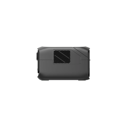 Side view of the Ecoflow compact black electronic device with a vented grille, rounded edges, smooth matte finish, and expandable capacity, isolated on a transparent background.