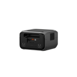 The Ecoflow compact black portable power station, shown from the back on a transparent background, features a handle, two AC outlets, multiple ports, a cooling vent, and advanced X-GaNPower technology.