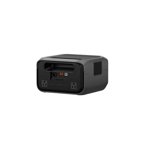 The Ecoflow compact black portable power station, shown from the back on a transparent background, features a handle, two AC outlets, multiple ports, a cooling vent, and advanced X-GaNPower technology.