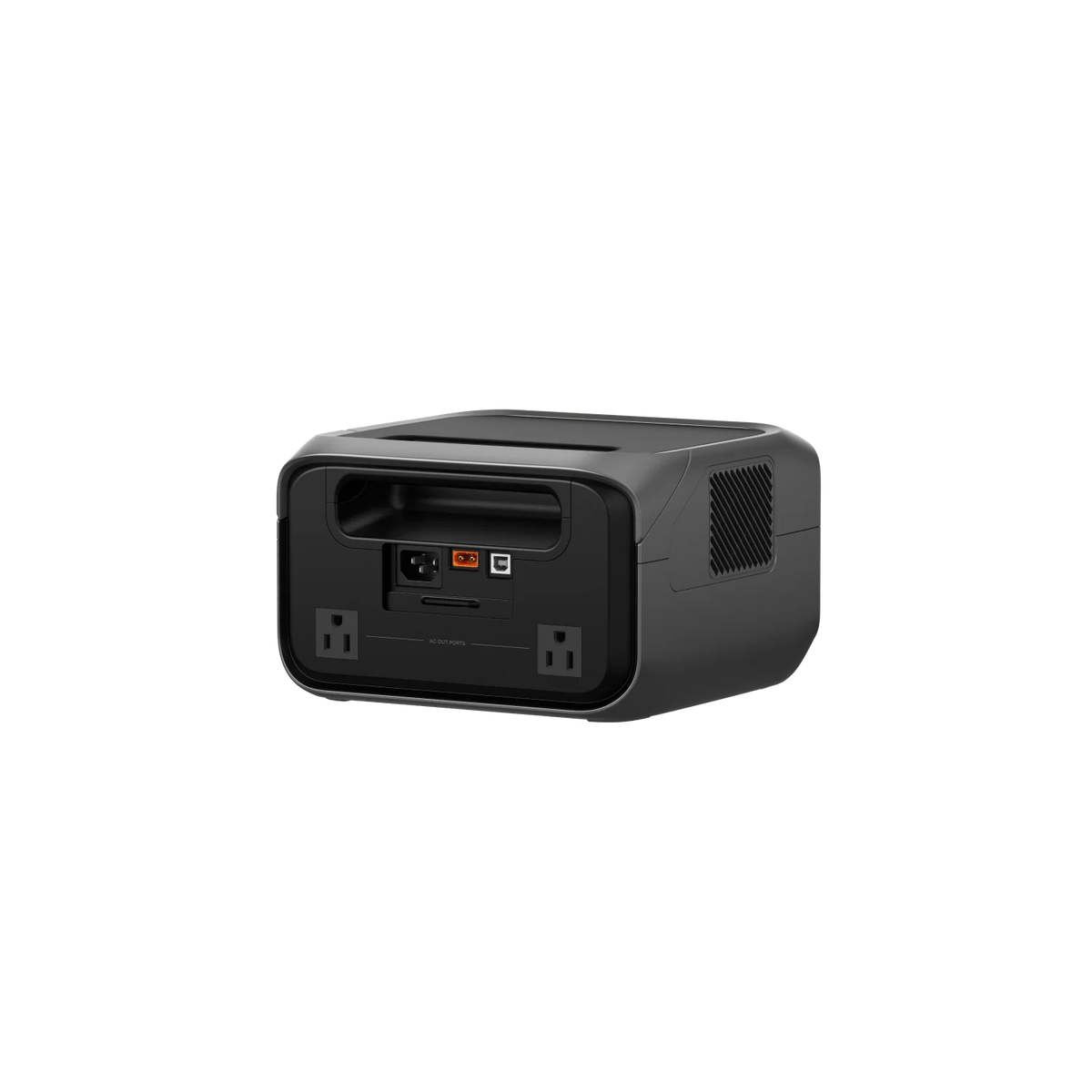 The Ecoflow compact black portable power station, shown from the back on a transparent background, features a handle, two AC outlets, multiple ports, a cooling vent, and advanced X-GaNPower technology.
