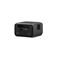 The Ecoflow compact black portable power station, shown from the back on a transparent background, features a handle, two AC outlets, multiple ports, a cooling vent, and advanced X-GaNPower technology.