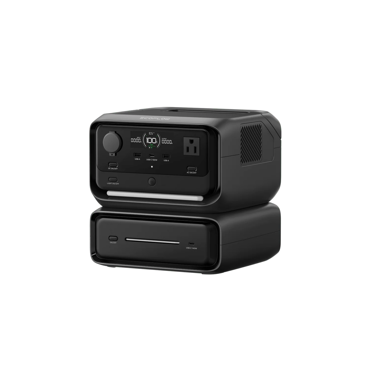 An Ecoflow black portable power station with expandable capacity features a digital display, control knob, outlets, and ventilation openings. Its stacked on a matching base and isolated on a transparent background.