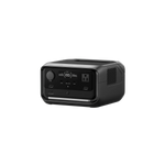 An Ecoflow black portable power station with multiple ports, an AC outlet on the front panel, X-GaNPower technology for efficient performance, a top handle, and a side vent, shown isolated on a transparent background.
