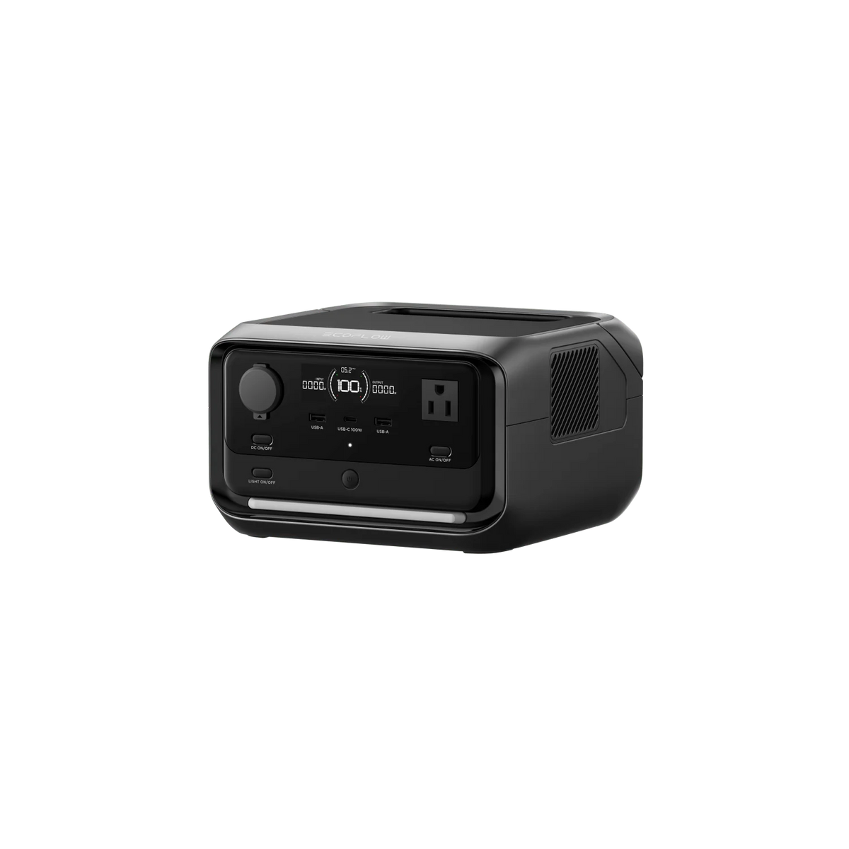 An Ecoflow black portable power station with multiple ports, an AC outlet on the front panel, X-GaNPower technology for efficient performance, a top handle, and a side vent, shown isolated on a transparent background.