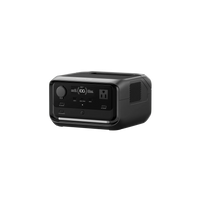 An Ecoflow black portable power station with multiple ports, an AC outlet on the front panel, X-GaNPower technology for efficient performance, a top handle, and a side vent, shown isolated on a transparent background.