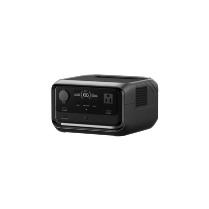 An Ecoflow black portable power station with multiple ports, an AC outlet on the front panel, X-GaNPower technology for efficient performance, a top handle, and a side vent, shown isolated on a transparent background.