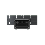 The Ecoflow portable power station with X-Boost technology and various input/output ports is set in front of a foldable solar panel, all shown against a simple green background.