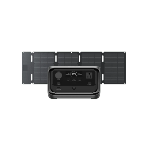 The Ecoflow portable power station with X-Boost technology and various input/output ports is set in front of a foldable solar panel, all shown against a simple green background.