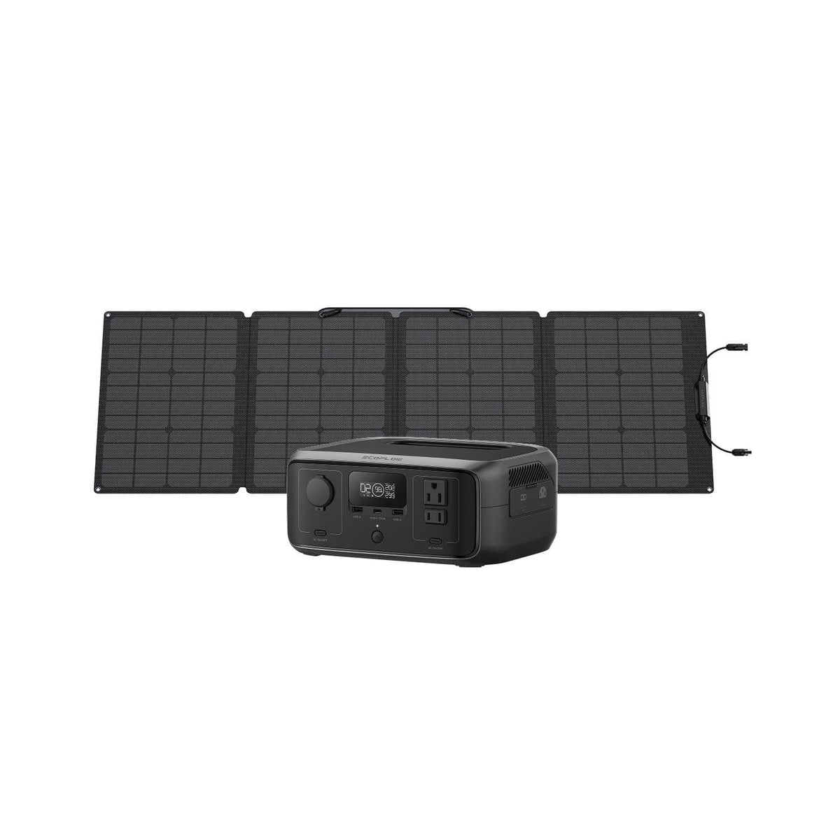 The Ecoflow solar generator, with a 245Wh capacity and foldable panel, is compact and portable. Featuring multiple outlets, a digital display, and a sleek black design, its perfect for outdoor use.