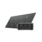The Ecoflow compact and portable solar panel setup features four angled rectangular panels behind a sleek black power station with multiple outlets, a digital display, and advanced X-GaNPower technology for reliable energy on the go.