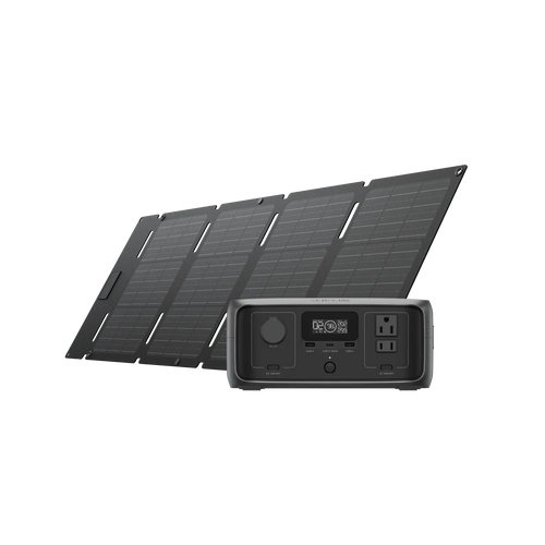 The Ecoflow compact and portable solar panel setup features four angled rectangular panels behind a sleek black power station with multiple outlets, a digital display, and advanced X-GaNPower technology for reliable energy on the go.