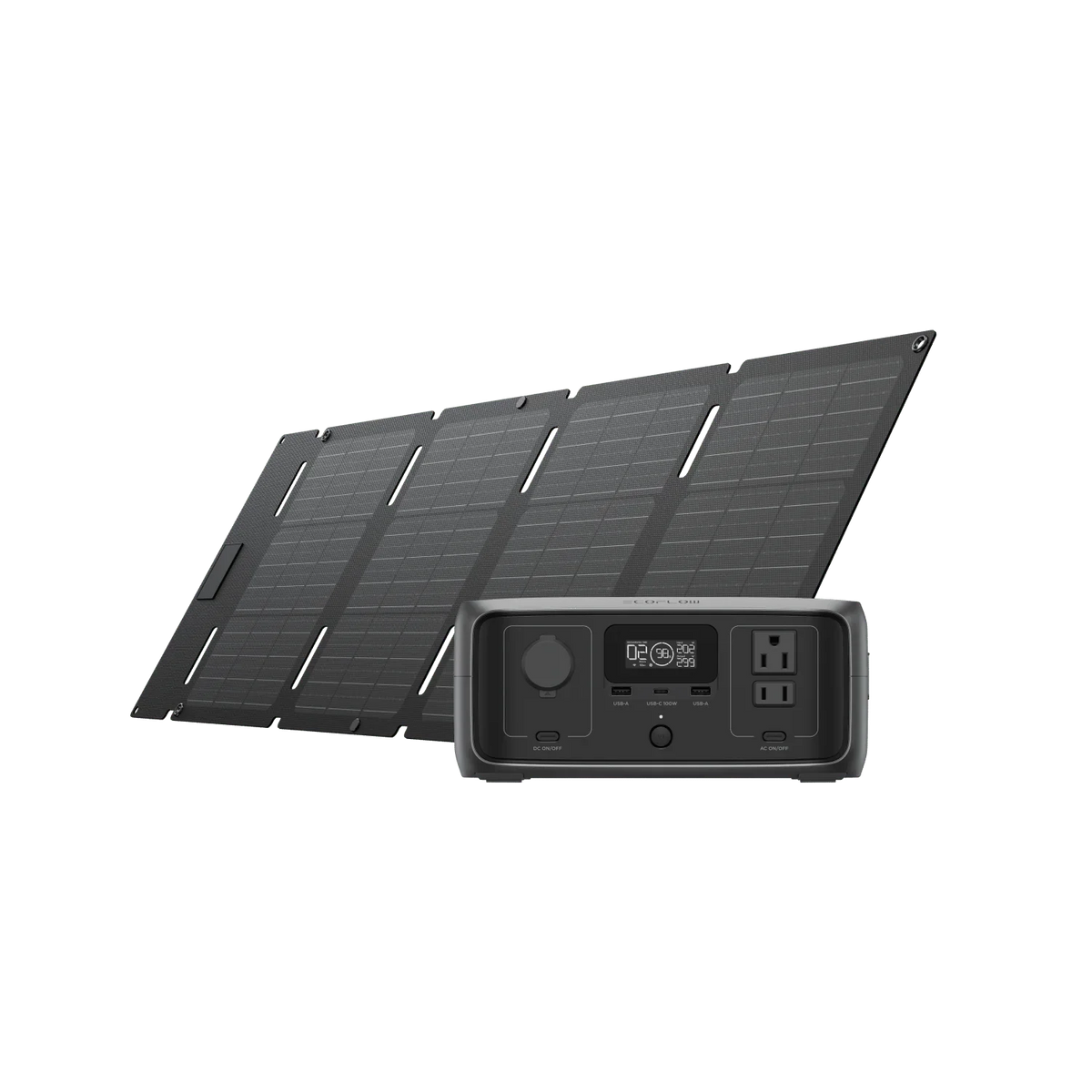 The Ecoflow compact and portable solar panel setup features four angled rectangular panels behind a sleek black power station with multiple outlets, a digital display, and advanced X-GaNPower technology for reliable energy on the go.