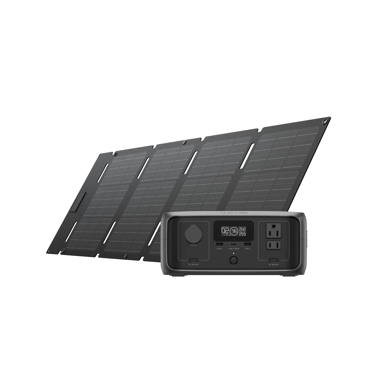 The Ecoflow compact and portable solar panel setup features four angled rectangular panels behind a sleek black power station with multiple outlets, a digital display, and advanced X-GaNPower technology for reliable energy on the go.