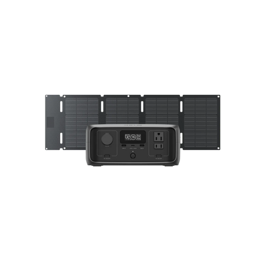 An Ecoflow compact, portable solar generator with X-GaNPower technology and 245Wh capacity is displayed before a foldable solar panel array, both set against a plain, transparent background.