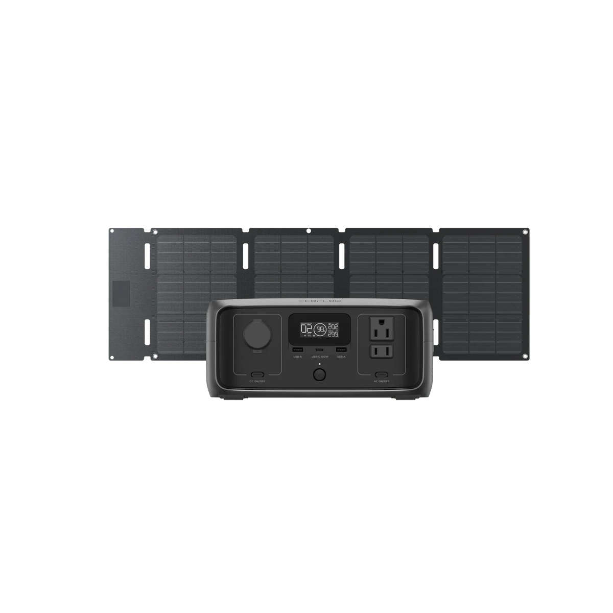An Ecoflow compact, portable solar generator with X-GaNPower technology and 245Wh capacity is displayed before a foldable solar panel array, both set against a plain, transparent background.