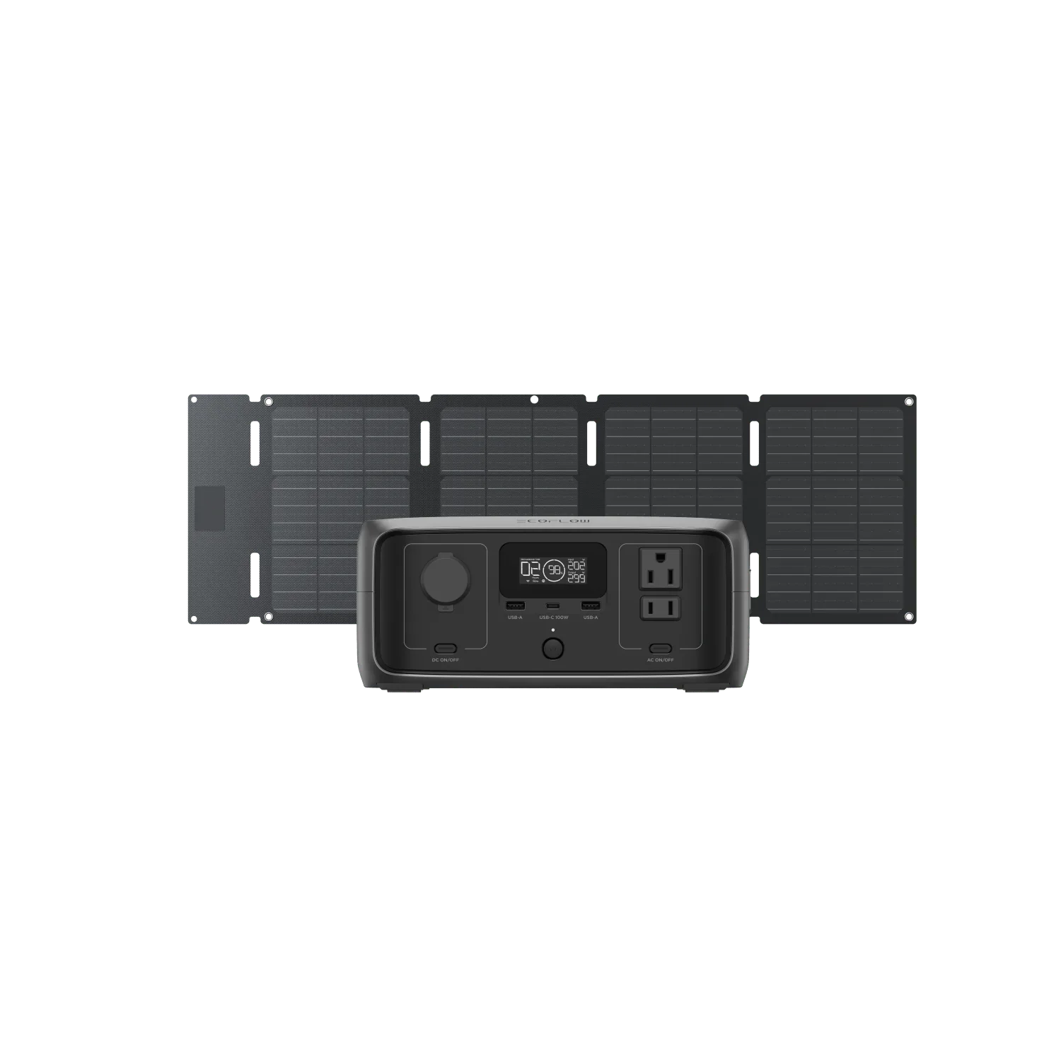 An Ecoflow compact, portable solar generator with X-GaNPower technology and 245Wh capacity is displayed before a foldable solar panel array, both set against a plain, transparent background.