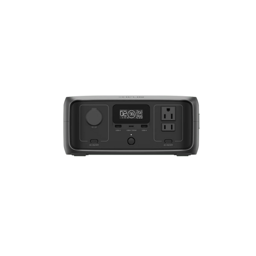 The Ecoflow compact power station features a digital display, AC outlets, DC car port, USB ports, and a 245Wh capacity—all in a sleek black rectangular design set against a plain background.