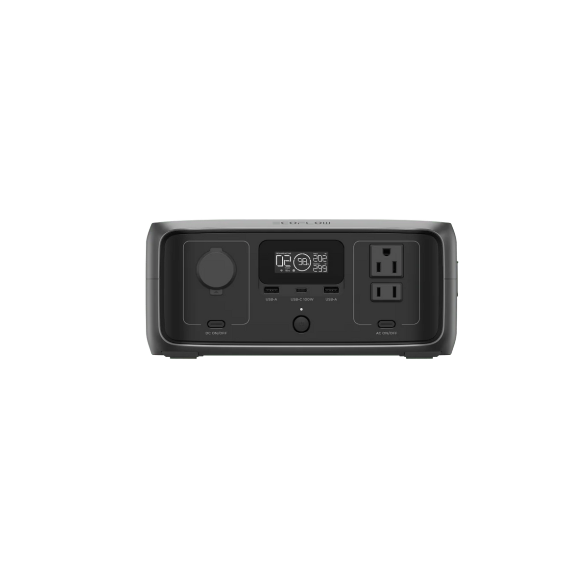 The Ecoflow compact power station features a digital display, AC outlets, DC car port, USB ports, and a 245Wh capacity—all in a sleek black rectangular design set against a plain background.