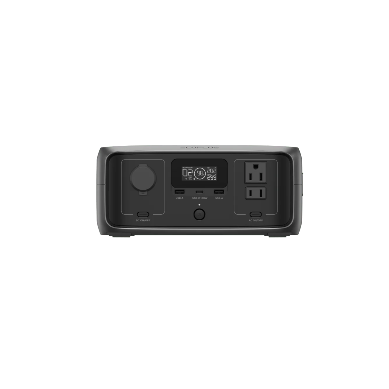 The Ecoflow compact power station features a digital display, AC outlets, DC car port, USB ports, and a 245Wh capacity—all in a sleek black rectangular design set against a plain background.