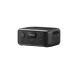 The Ecoflow power station offers a 245Wh capacity, digital display, two AC outlets, multiple USB ports, and features a compact, sleek dark rectangular design for portability.