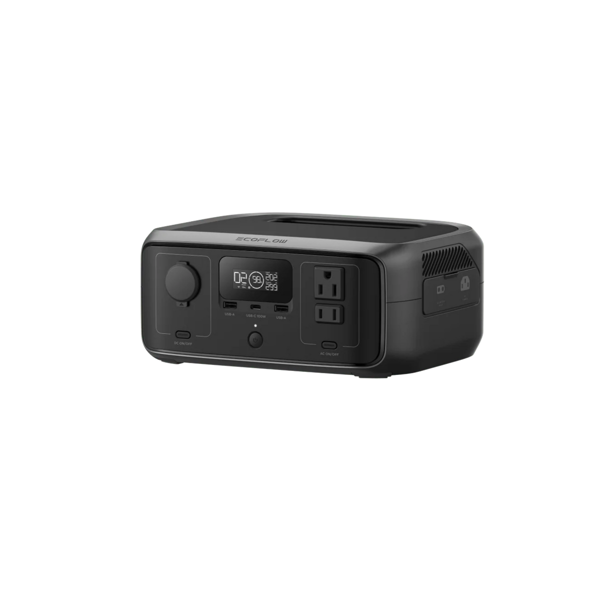 The Ecoflow power station offers a 245Wh capacity, digital display, two AC outlets, multiple USB ports, and features a compact, sleek dark rectangular design for portability.