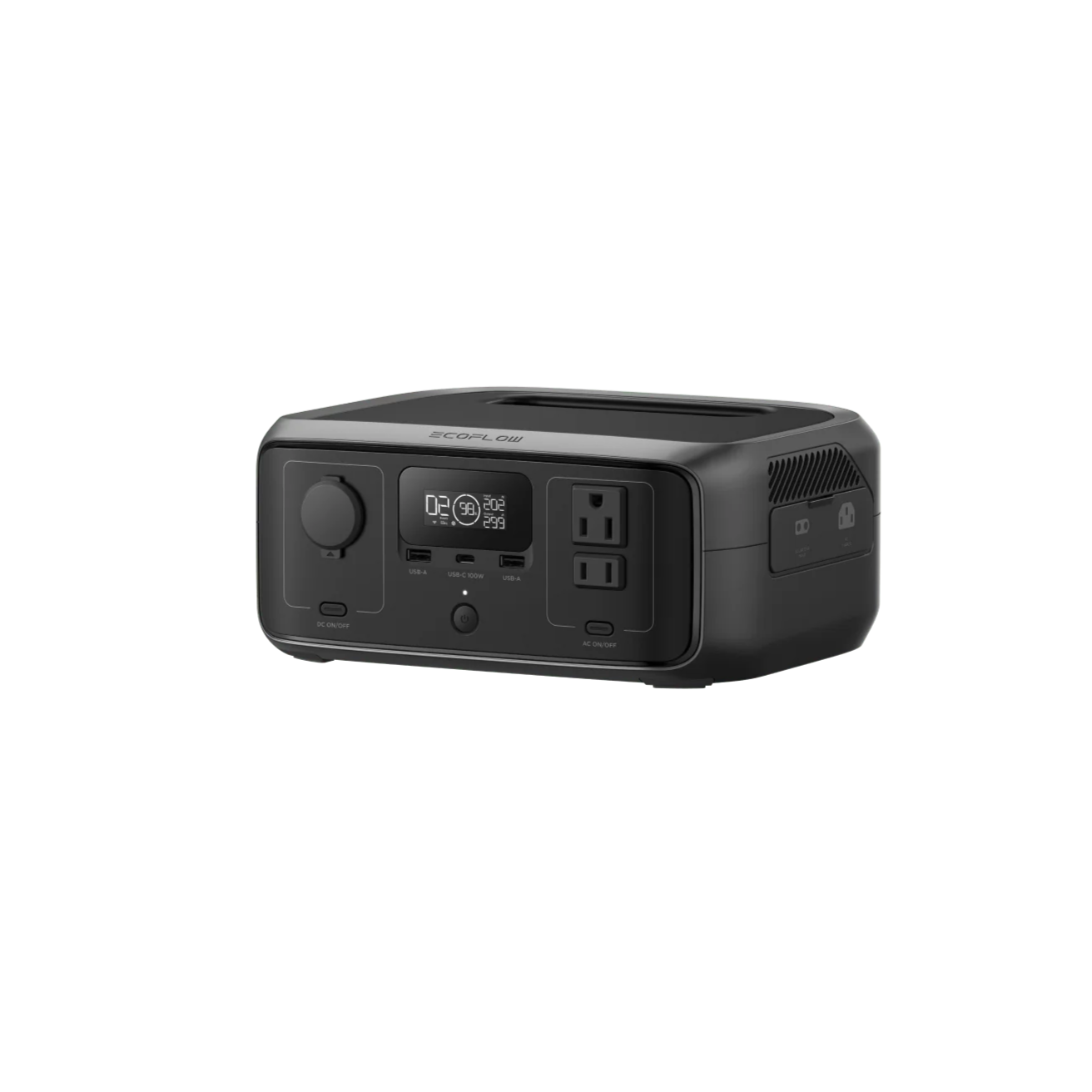 The Ecoflow power station offers a 245Wh capacity, digital display, two AC outlets, multiple USB ports, and features a compact, sleek dark rectangular design for portability.
